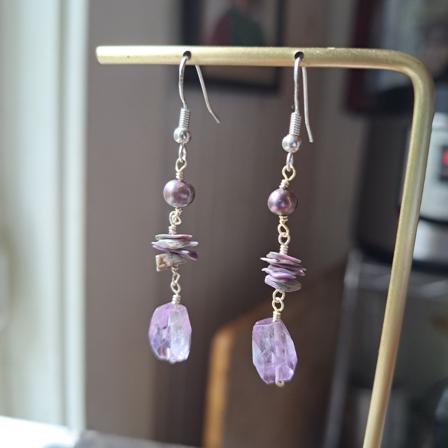 Pearl Charoite and Amethyst Earrings