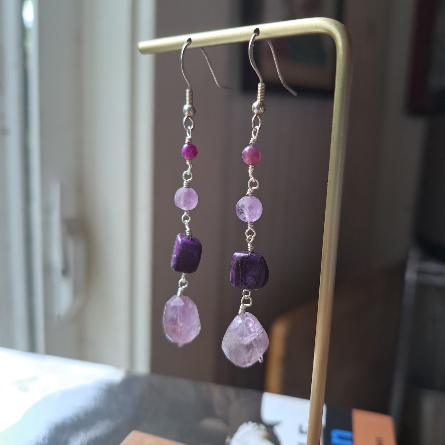 Lepidolite Sugilite and Amethyst Earrings