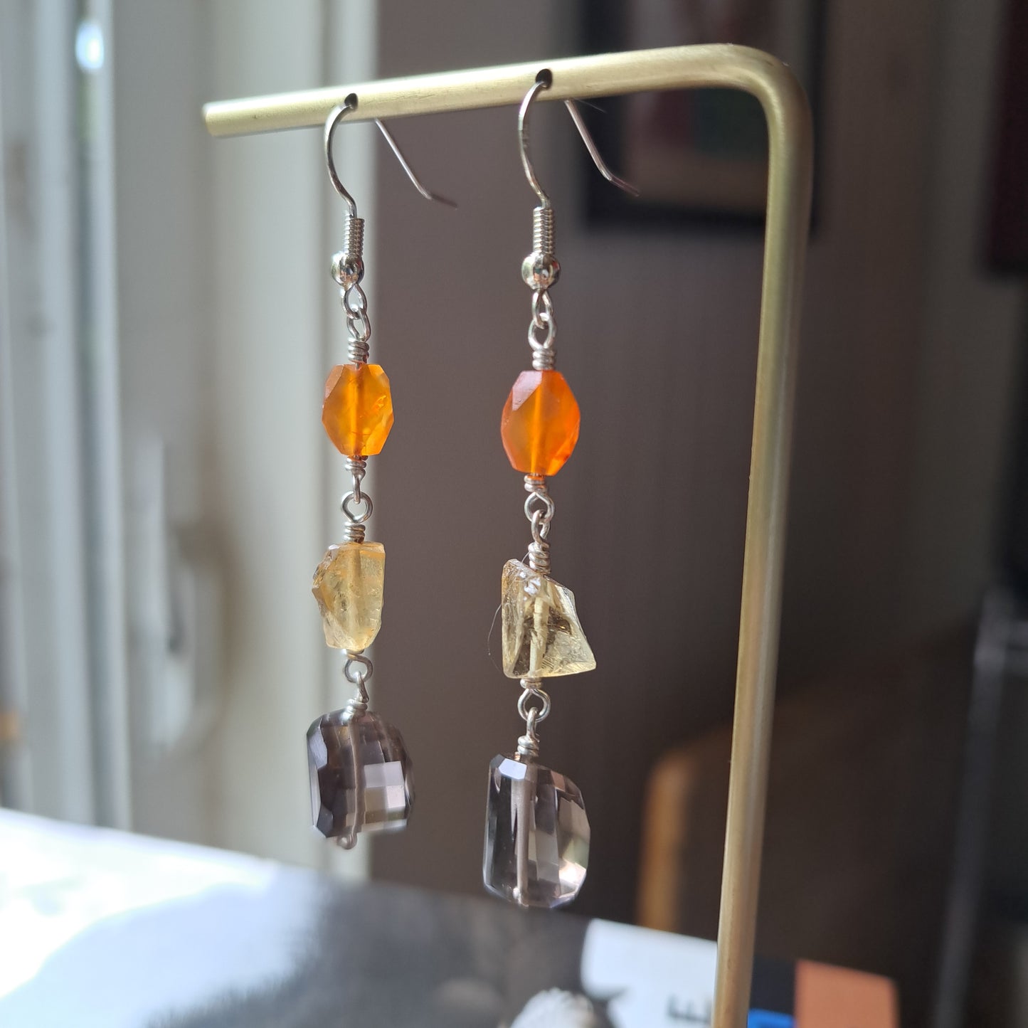 Carnelian Citrine and Smokey Quartz Earrings