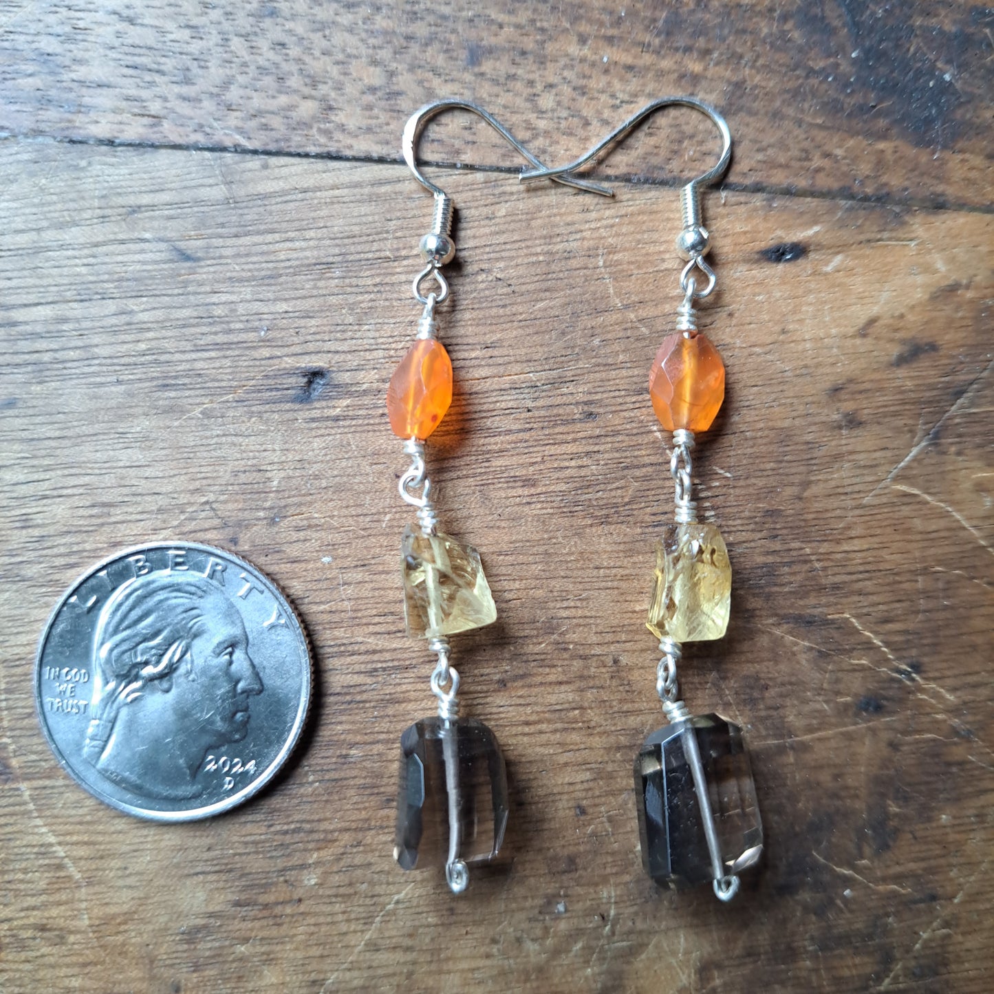 Carnelian Citrine and Smokey Quartz Earrings