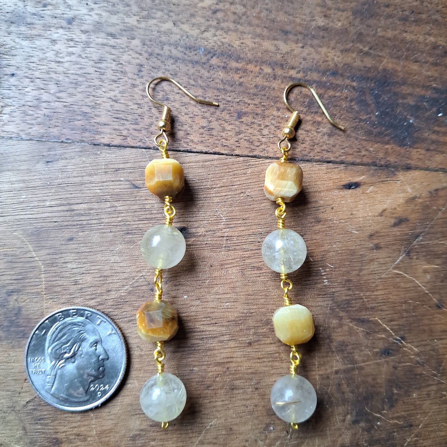 Golden Tiger's Eye and Golden Hair Quartz Earrings