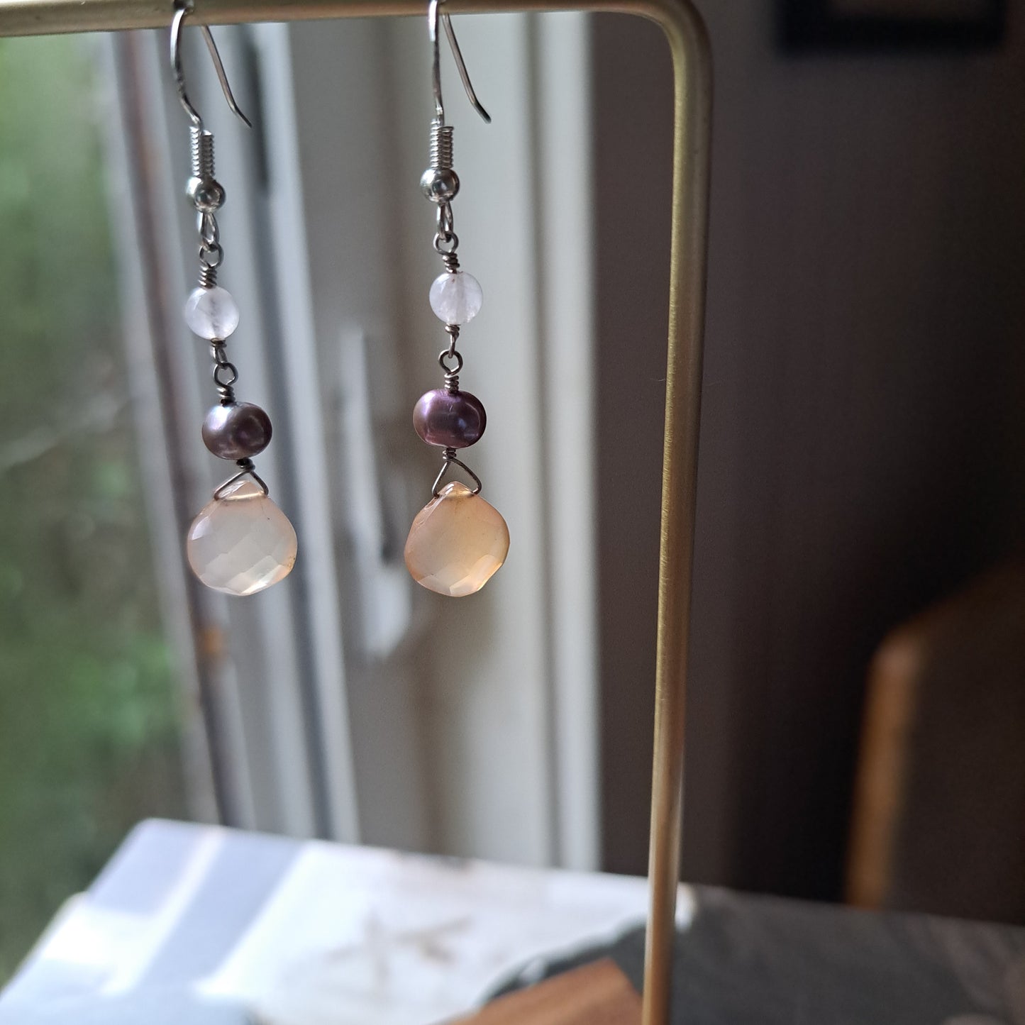 Rose Quartz Pearl and Chalcedony Earrings