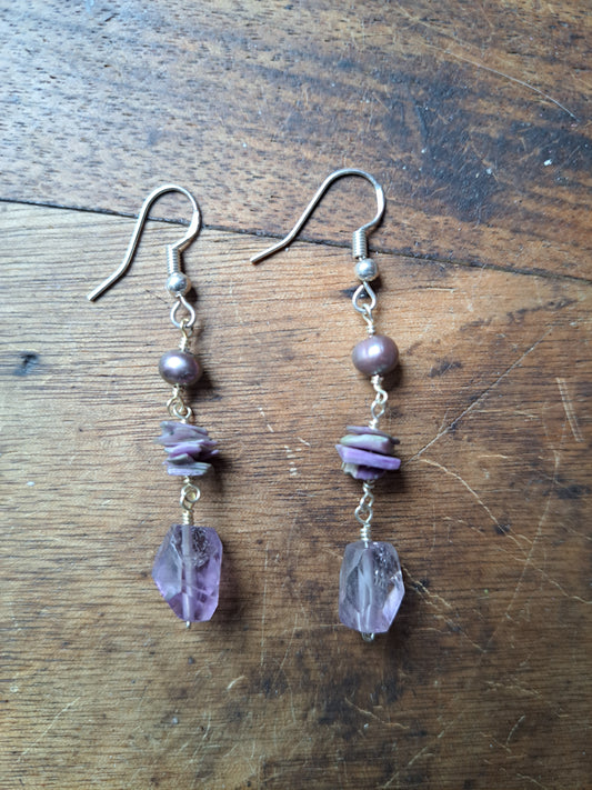 Pearl Charoite and Amethyst Earrings