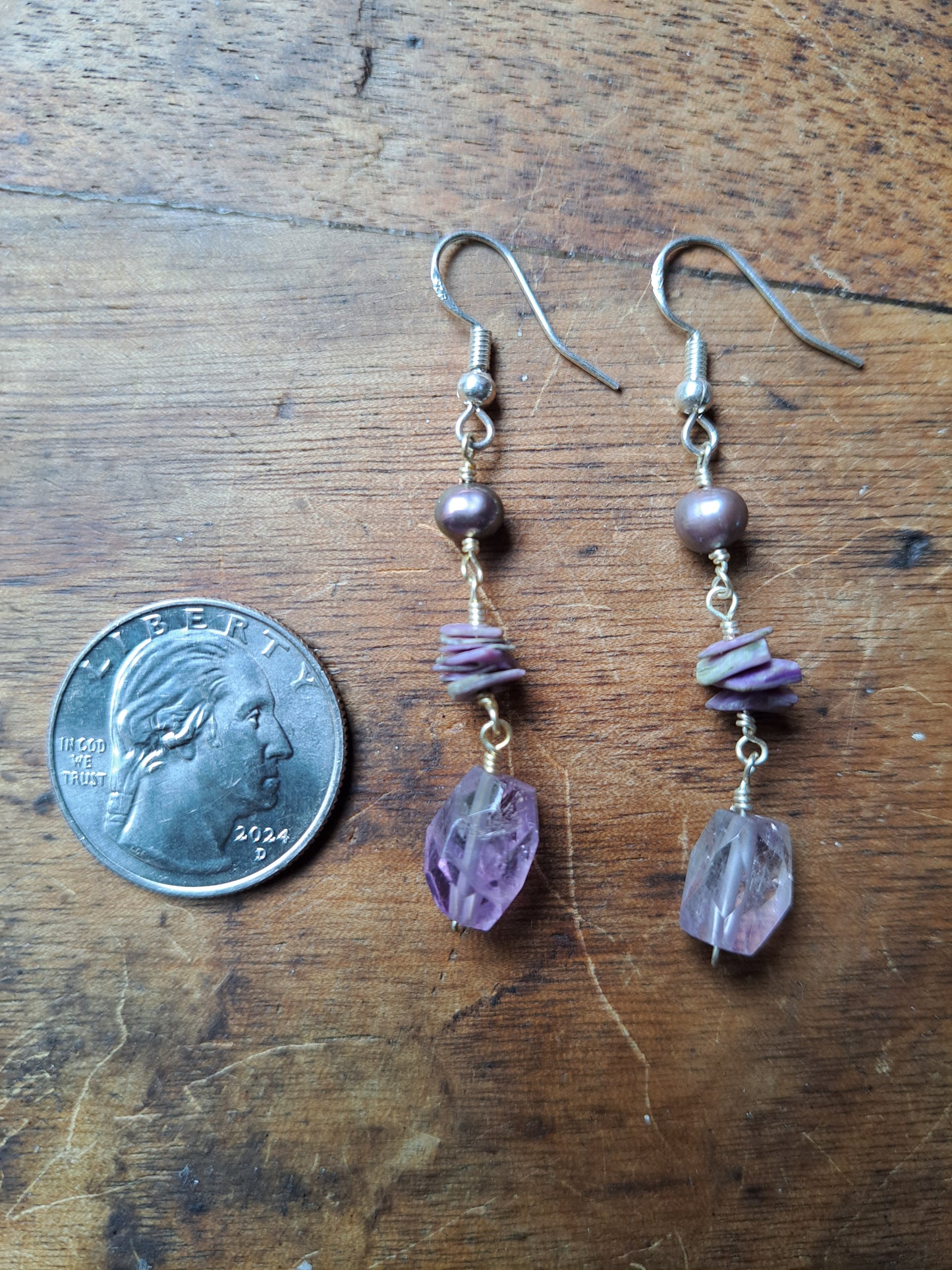 Pearl Charoite and Amethyst Earrings