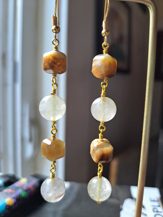 Golden Tiger's Eye and Golden Hair Quartz Earrings