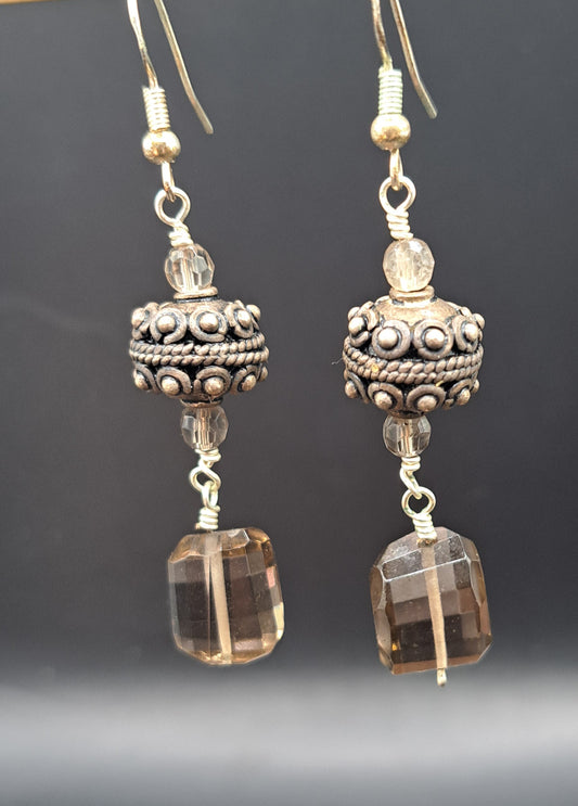 Bali Silver and Smokey Quartz Earrings