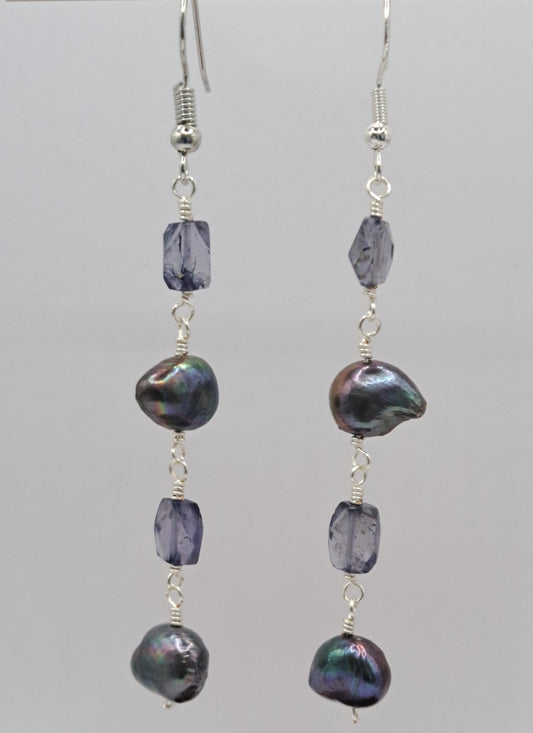 Iolite and Freshwater Pearl Earrings