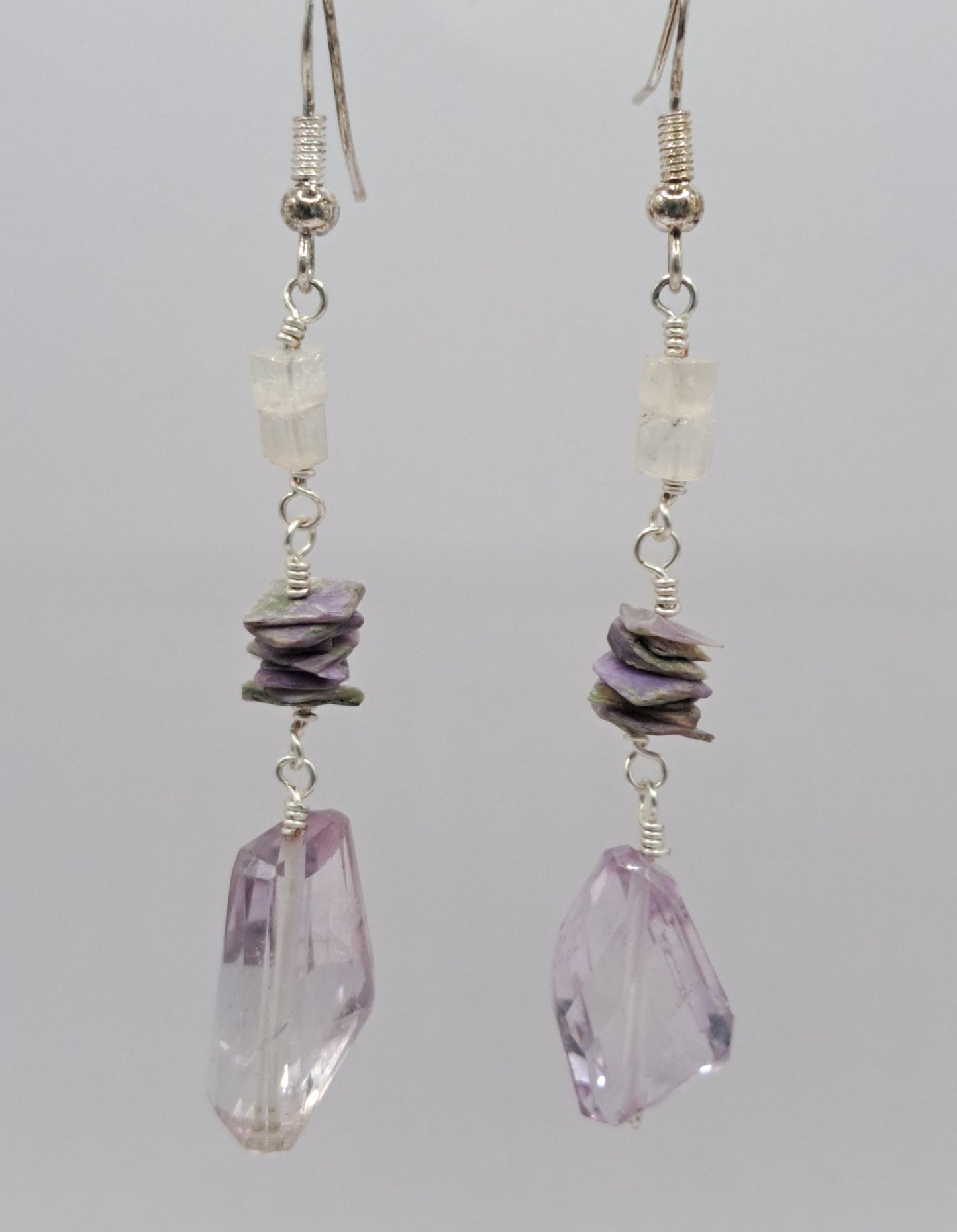 Moonstone Charoite and Amethyst Earrings