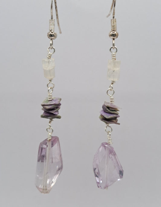 Moonstone Charoite and Amethyst Earrings