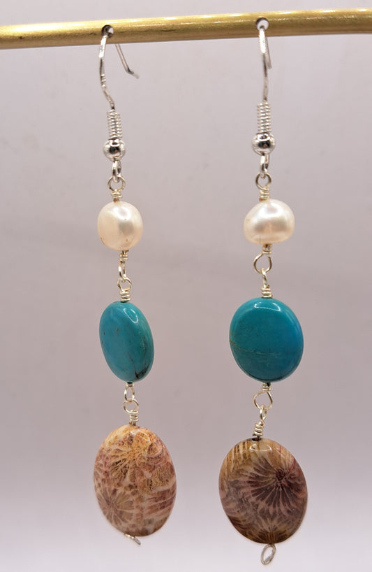 Pearl Turquoise and Fossilized Coral Earrings