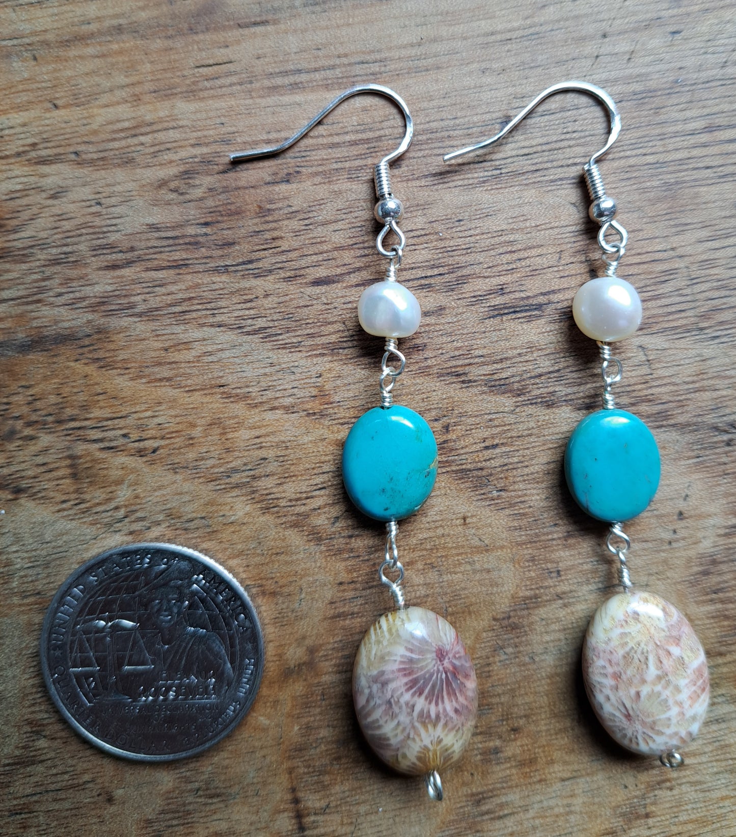 Pearl Turquoise and Fossilized Coral Earrings