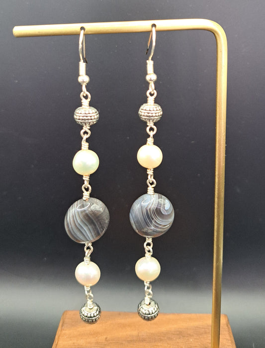 Pearl and Botswana Agate Earrings