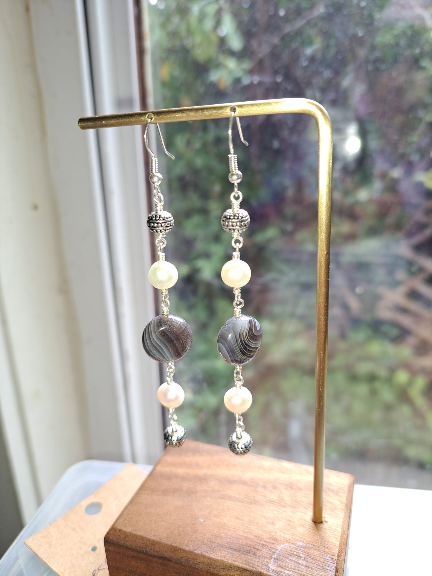 Pearl and Botswana Agate Earrings